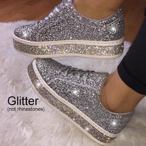 NEW Sparkling Bling Glitter Sneakers Athletic Sports Shoes Silver + FREE…